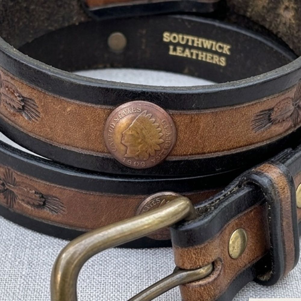 Southwick Leathers Vintage Indian Head Penny Coin Hand Tooled Leather Belt Sz 26